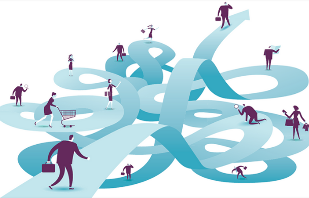 A conceptual depiction of the customer journey over many winding phases.